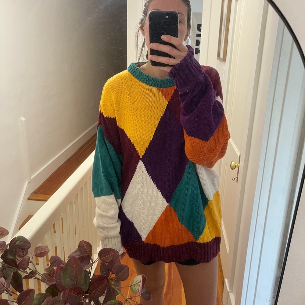 Vintage 90s Colorful Knit Sweater 100% Cotton Boston Traders Brand - Picture 5 of 5